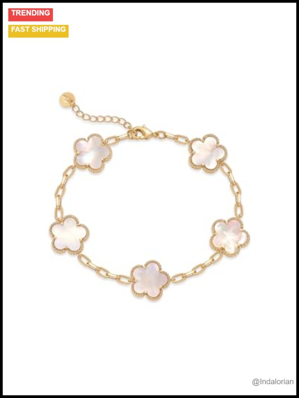 14K Gold Plated Clover Bracelet with Mother of Peal Charm Adjustable